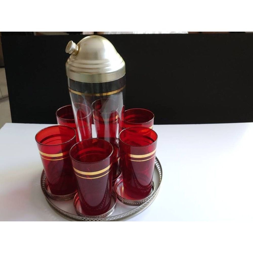 Cocktail Set 6 glasses coasters tray shaker‎ Vintage Drink Serving Mid-Century